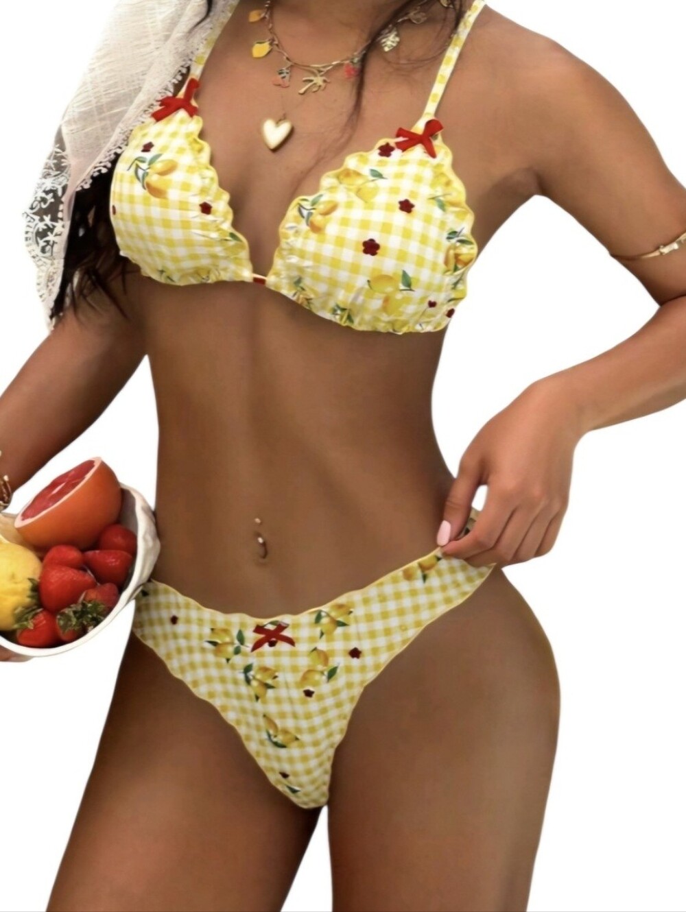 New Lemon Yellow Plaid Print with red Bow Ruffle Bikini Set Size M
